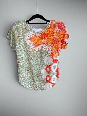 Platinum by Dorothy Schoelen Vintage 90s Mismatched Patchwork Top Green Orange